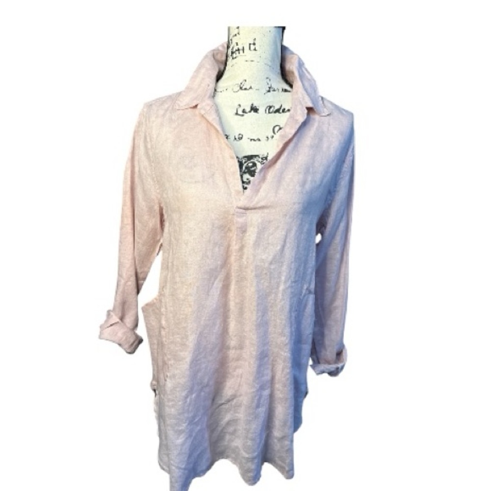 Dusty Pink Linen V Neck Collared Tunic Top Sz M Long Sleeve Lagenlook Shirt EUC